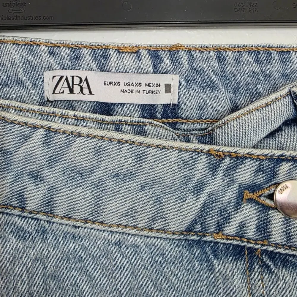 Zara Denim Faux Wrap Front Skort High Rise Jean Skirt Shorts Light Wash Cotton - Picture 6 of 8